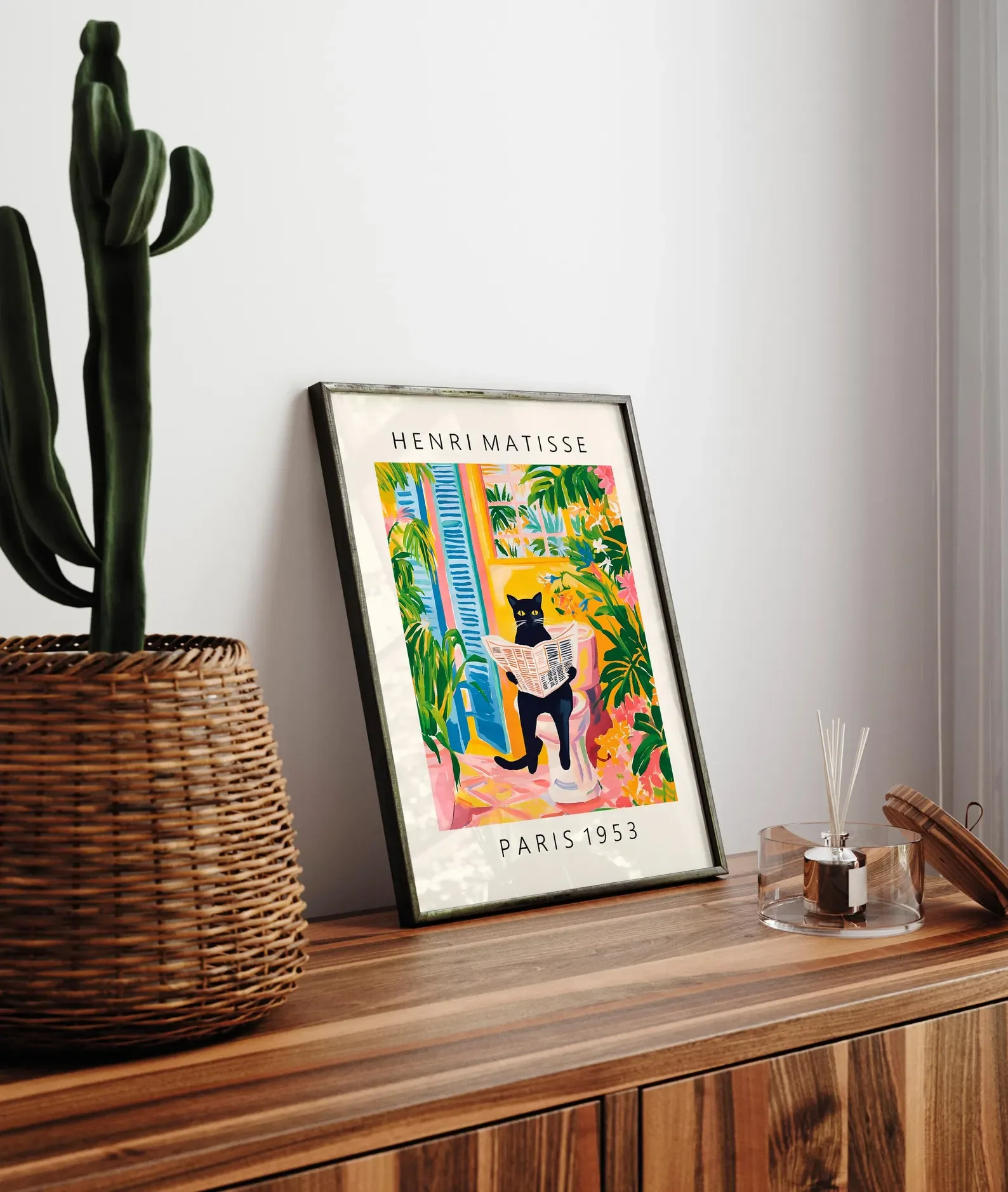Black Cat on Toilet Bathroom Wall Art Matisse Canvas Poster Funny Aesthetic Bathroom Decor Pink Tropical Decor Frameless view 3