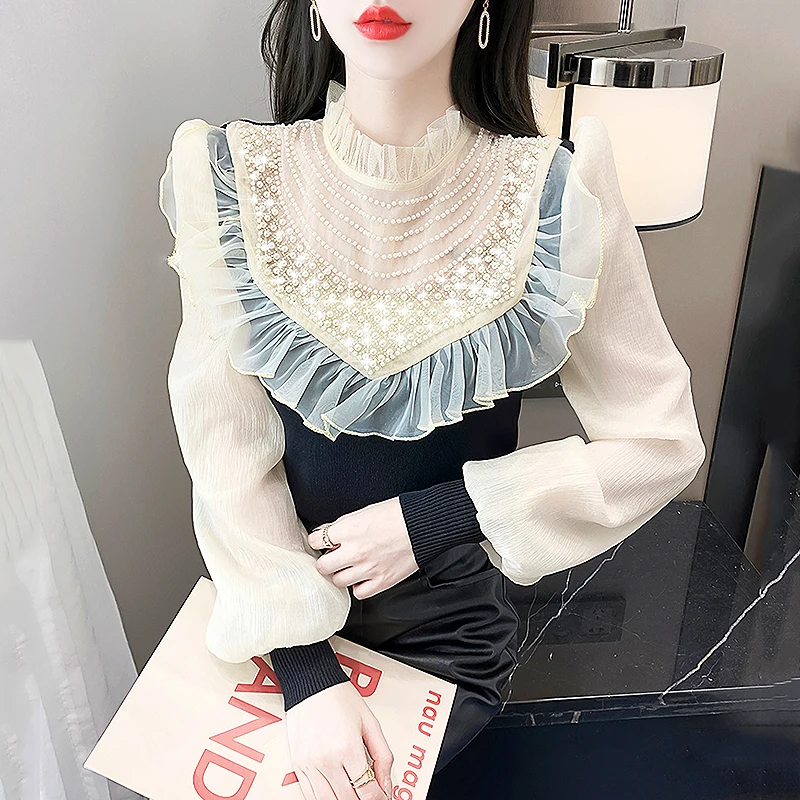 

Luxury Beading Women's T-Shirts Autumn 2022 Stand Neck Mesh Ruffles Patchwork Tshirts Tops Women Base Shirt Woman Clothes SL198