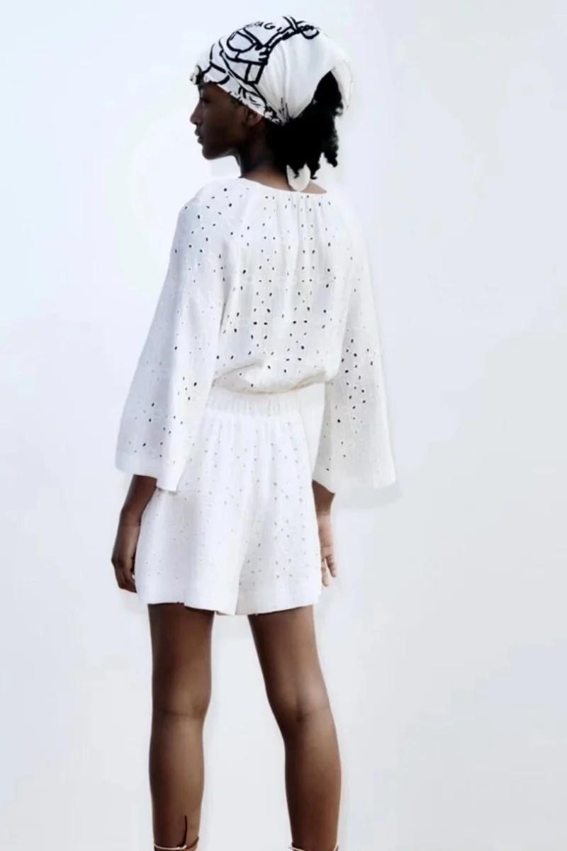 

Summer New Women's V-ne ort Rer Embroidered Hollow out Knot Belted White Lace Trim Straight Leg High Waist