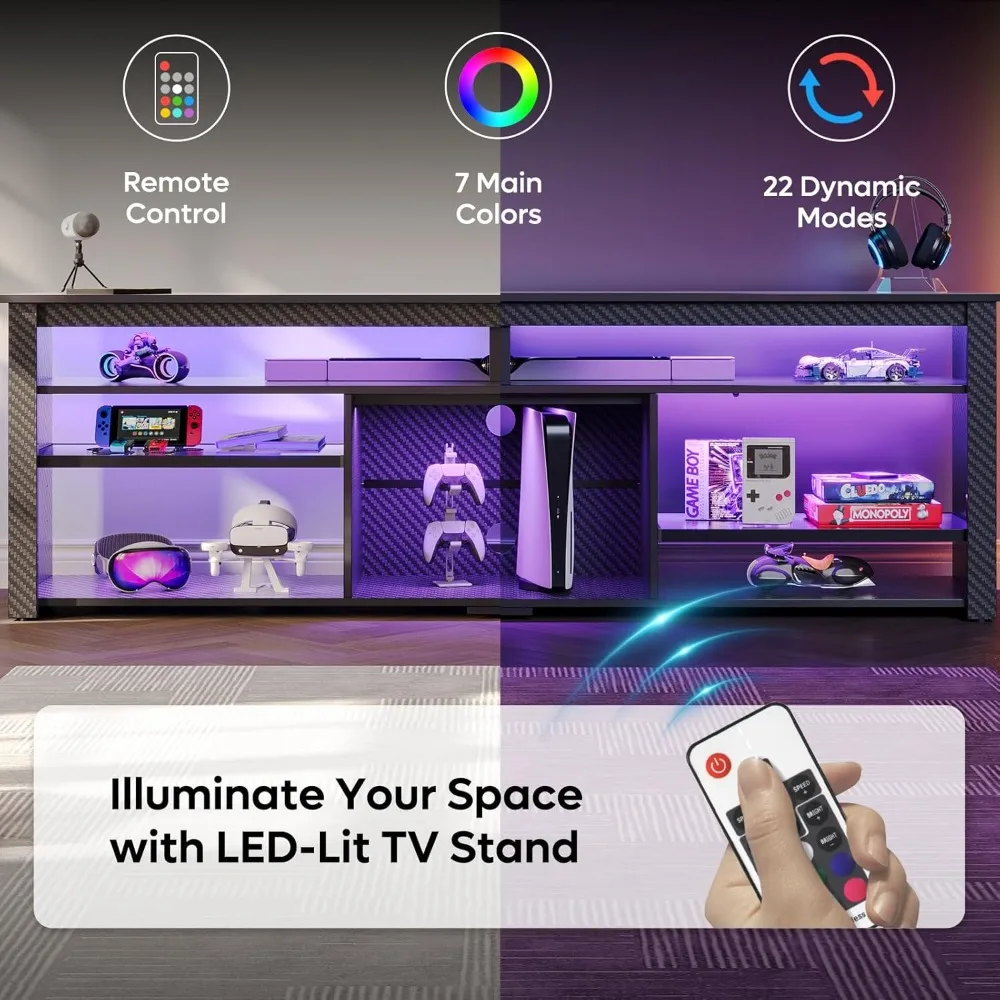 وحدة تحكم تلفزيون عصرية للألعاب مع مساحة تخزين لـ PS5، ومركز ترفيه LED مقاس 75 بوصة، وحامل تلفزيون طويل لغرفة المعيشة #4