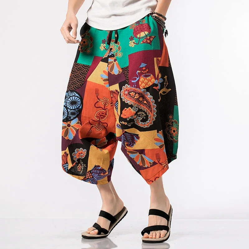 

Thailand men lantern Pants Casual Summer Beach Ethnic printing Loose Leisure Exotic Women's Pants holiday capri pants shorts
