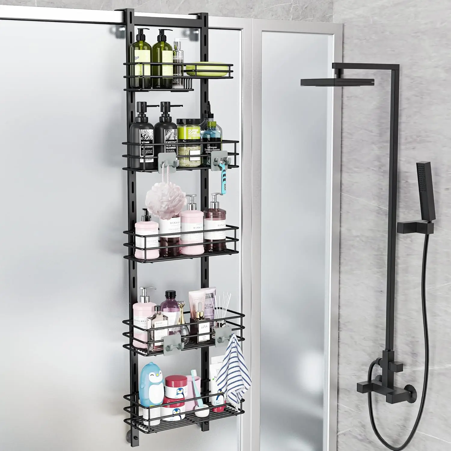 

Over the Door Shower Caddy Adjustable 5 Tier Black,Bathroom Hanging Organizer Shelf Rustproof with 4 Hooks