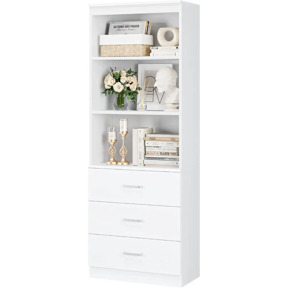 

71" H White Bookshelf with Drawers, Bookshelf and Bookcase with 3-Tier Open Shelves, Tall Bookcase Tall Storage Cabinet for Home