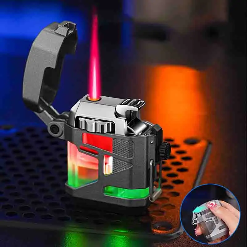 New Mecha Wind Visible Transom Window Windproof Lighter Creative Variable Color LED Light Red Flame Metal Lighter Men's Gift