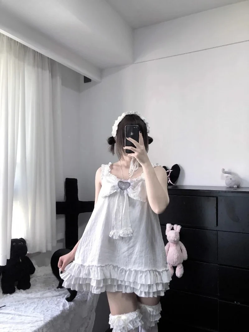 夏多用途甘くてかわいい女の子リボンレースルーズショートドレス日本オリジナルデザイン無地ノースリーブケーキドレス