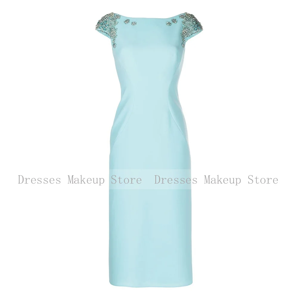 Short Evening Party Dresses Mint Crystal Scoop Cap Sleeves Luxury Cocktail Gowns for Women 2024 Tea Length Column Cocktail Dress