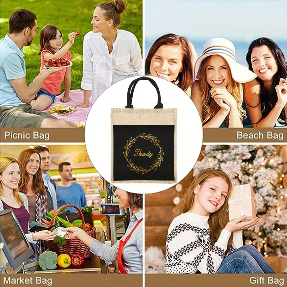 Customizable Name Women's Shopping Bag Reusable Linen Handbag Flower Pattern Series Grocery Shopping Bag