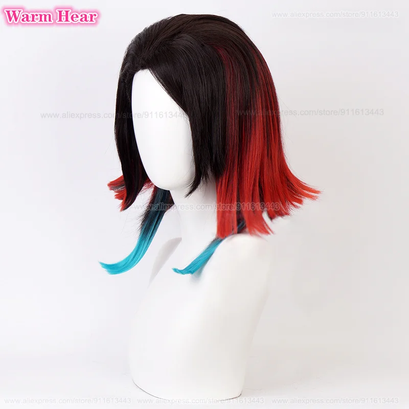 Stok tersedia Enmu Anime sintetik uniseks 40cm Wig Cosplay gradien merah hitam dengan stiker Wig pesta rambut tahan panas + topi Wig