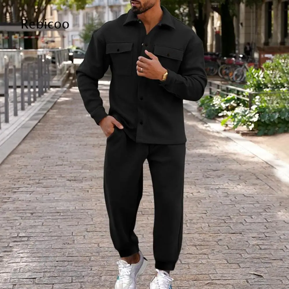 Men Button Front Pocket Shirt Jacket And Jogger Pant Two Piece Outfit Solid Color Co Ord Set For Urban Casual Daily Street Style