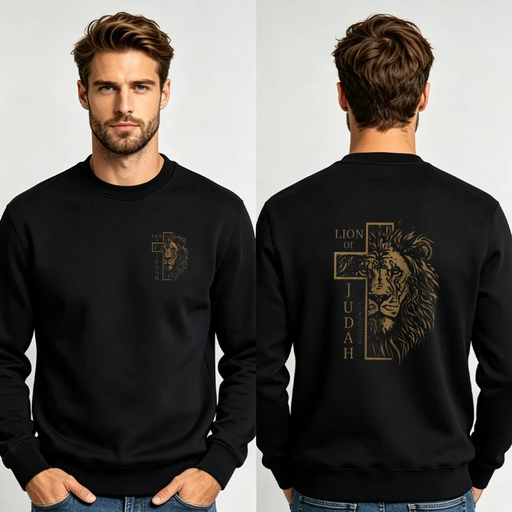 Men Lion of Judah Cross Double Sided Crewneck Sweatshirt Vintage Christian Lion Faith Print Loose Pullover Sweat Casual Tops