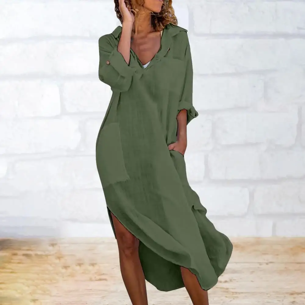 Ladies Lapel Collar Dress Stylish Women's V-neck Shirt Dress with Pockets Side Split Loose Fit Midi Dress for Beach Holiday