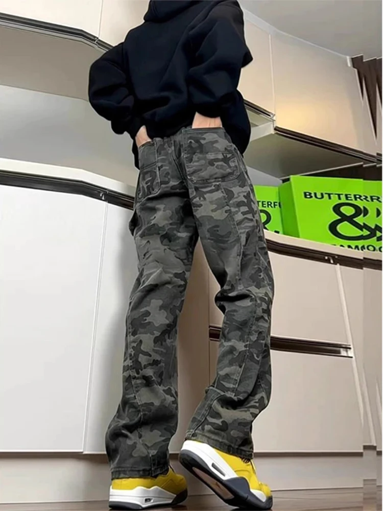 

American Style Camouflage Work Pants Men's Vintage Loose Straight Leg Jeans Casual Wear Resistant Wear Spring Autumn