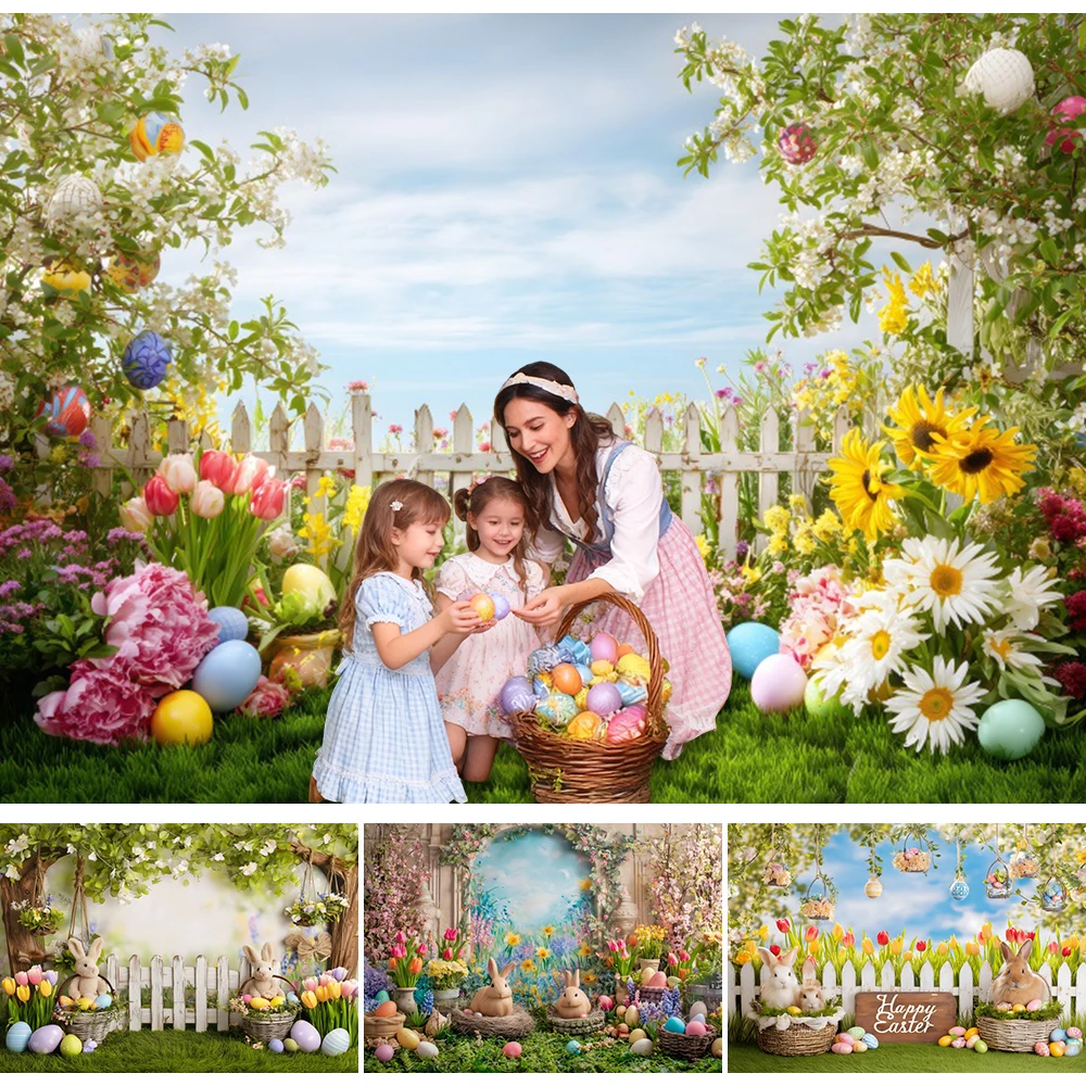 Spring Easter Backdrop Courtyard Green Grass Fence Rabbit Eggs Flowers Kids Portrait Photography Background Photo Studio Props