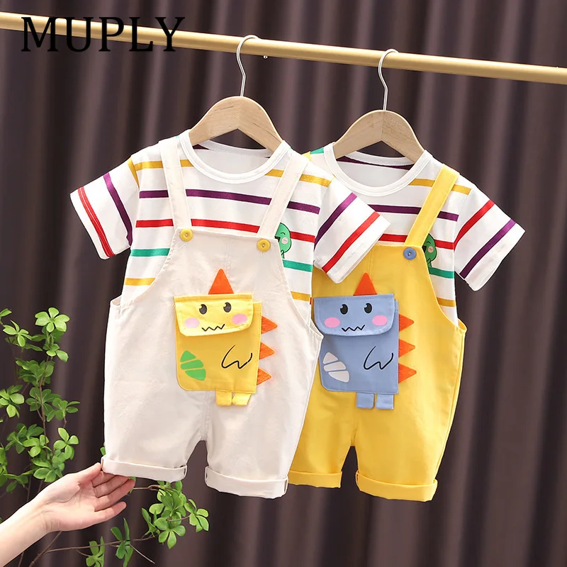 Boys Summer 2 Pieces Clothes Set Colorful Stripe Short Sleeve T‑Shirt Dinosaur Overalls Shorts Kids Clothing Sets Casual Toddler