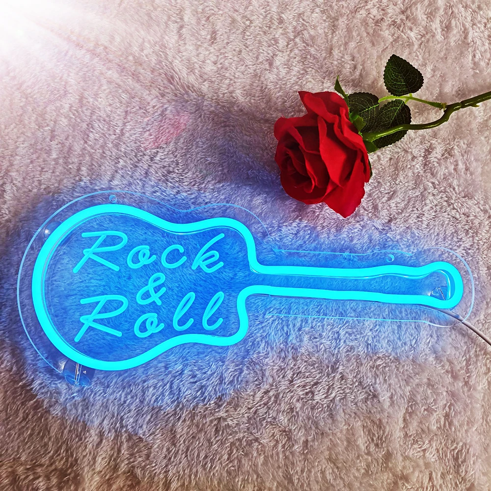 

Guitar Shape Rock&Roll LED Neon Sign with Dimmer 12.6 X 8.5 inches Blue Light USB Powered 5V Small Night Lamp for Room Decor