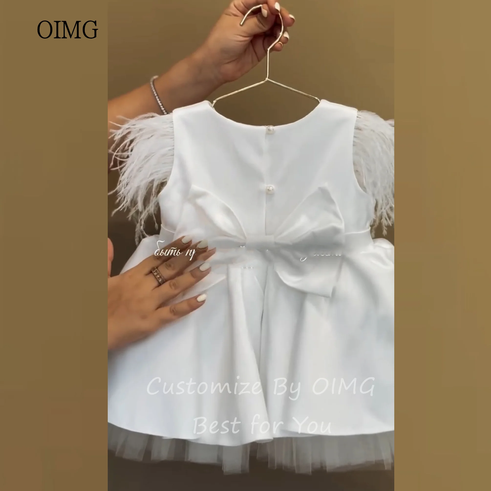 OIMG Ivoor Veren Mouwen Een Lijn Bloemenmeisje Jurken O Hals Strik Terug Bruiloft Jurk Knielengte Verjaardag Jurk Aangepast