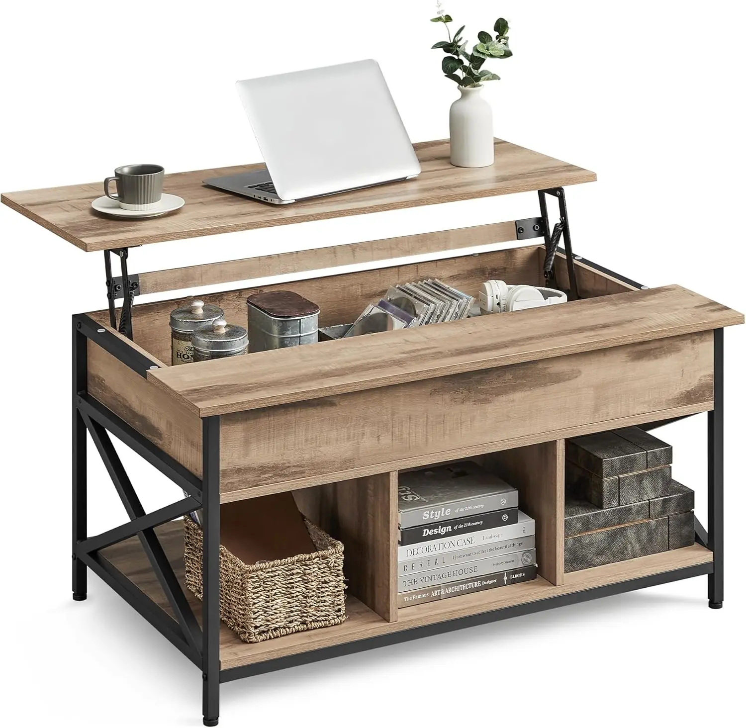 Mesa de Centro, Mesa de Café con Tablero Elevable, para Dormitorio, con Espacio Abierto y Oculto, Barras en Forma de X, 60 x 100 x (48-62) cm, Gris Carbón y Negro LCT205B2