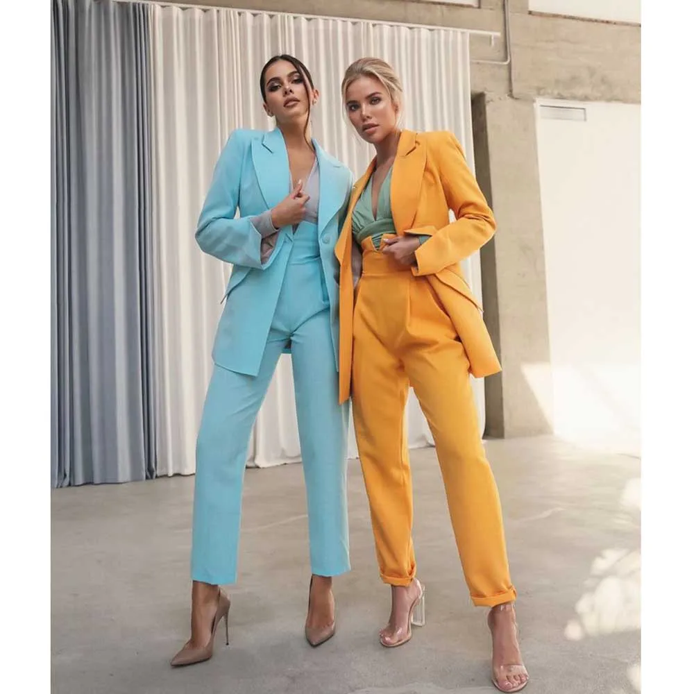 Elegant Blue Orange Suits for Women Single Breasted 2 Piece Jacket Pants Female Clothing Slim Fit Chic Office Lady Blazer Sets