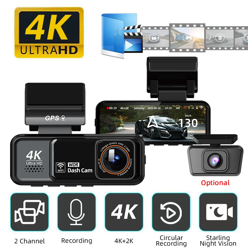 

4K Video Recorder 3.2 Inch Mini Portable 170° Wide Angle Built-in GPS WIFl Optional 2K Rear Camera Night Vision Loop Recording