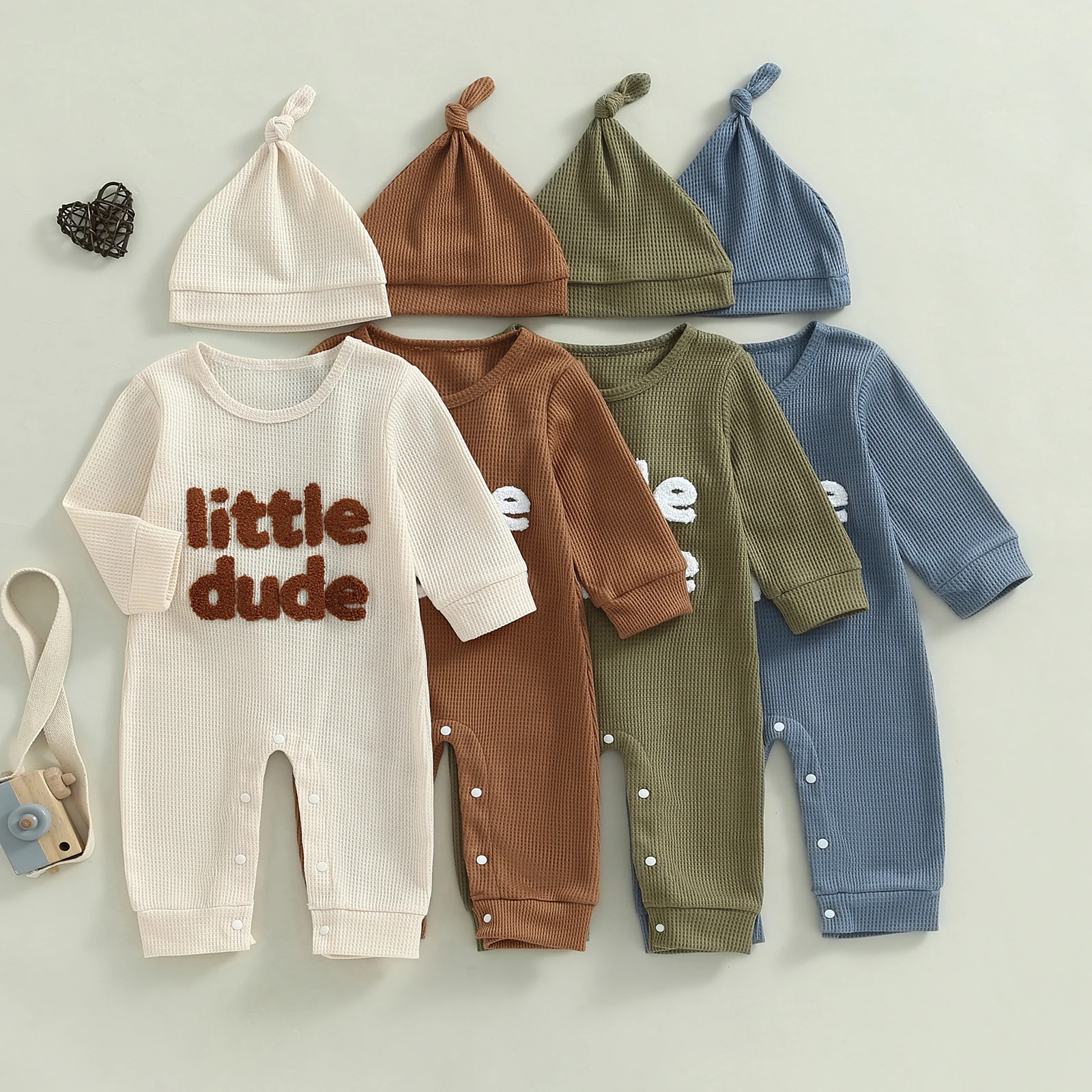 Newborn Baby Boy Waffle Romper Letter Embroidery Long Sleeve Full Length Jumpsuit with Hat Fall Winter Casual Overall Clothes