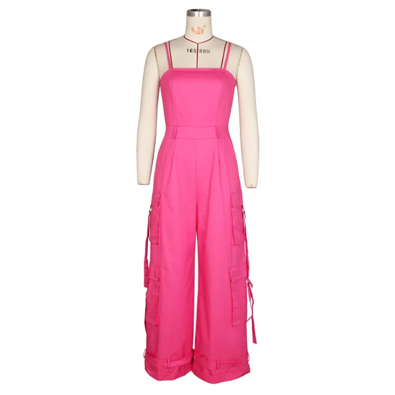 Women Camis Loose Cargo Jumpsuit Sexy Strapless Backless Spaghetti Straps Multi Pockets Wide Leg Pants Casual Street Overalls