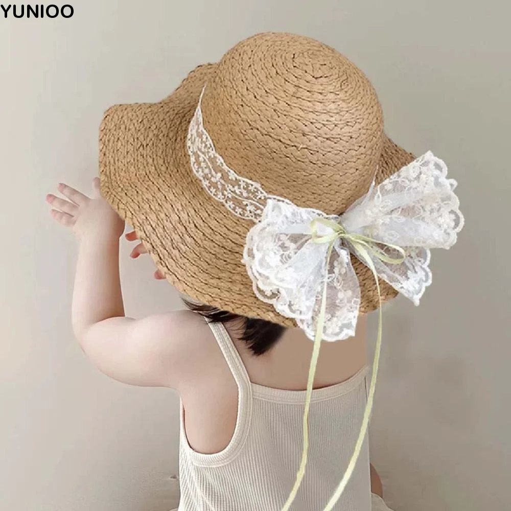 

Fisherman Cap Sweet Bowknot Straw Sun Hat Ribbon Korean Style Girls Bucket Hat Anti-UV Lace Brim Woven Handbag Baby