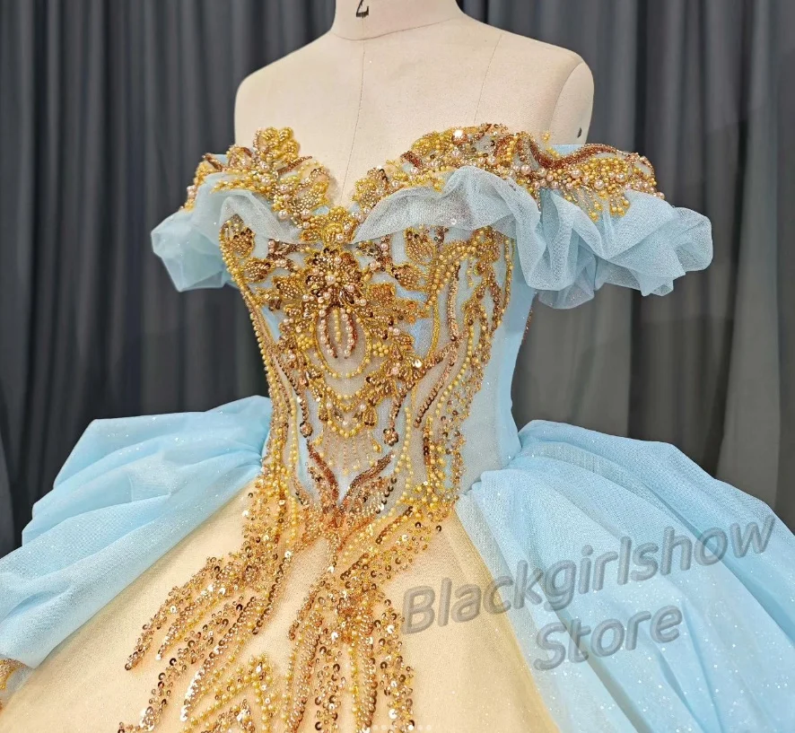 Party Desses15 Quinceanera Gold Blue Victorian Luxury Elegant Ruffle Glitter Crystal Applique Lace فساتين Quinceanera Customised