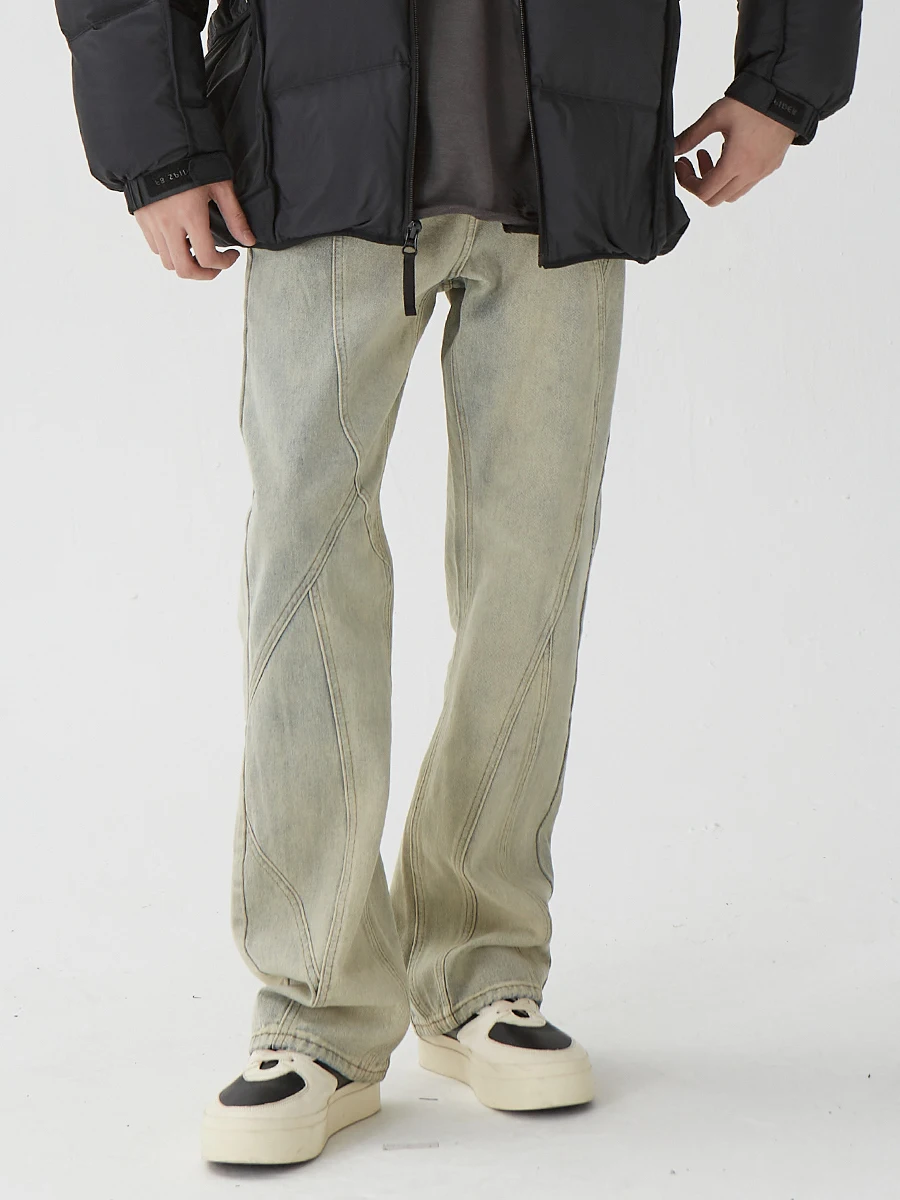 

Retro Patchwork Loose Straight Leg Men's Jeans High Street Sle Casual Youth Trendy Brand Water Waed Long Pants