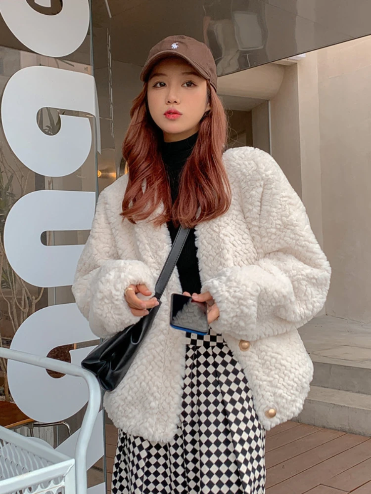 Autumn Winter New Korean Version Imitation Rabbit Fur Coat Wild Pineapple Pattern V-neck Faux Fur Coat Women