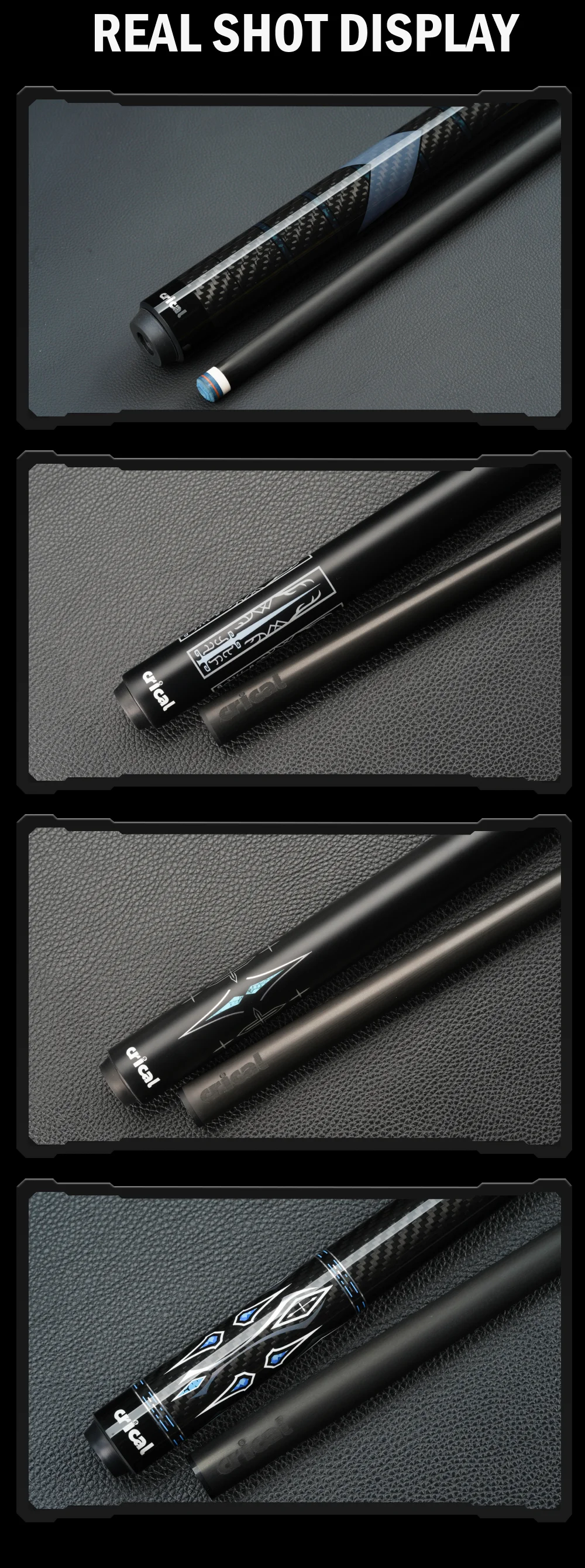 Billardqueue mit Carbonfaser-Schaft, geringer Ablenkung, 58 Zoll, 12,5 mm Spitze, 3/8x8 Verbindung, verstellbares Gewicht, 8/9 Ball, CRICAL – Detail 11