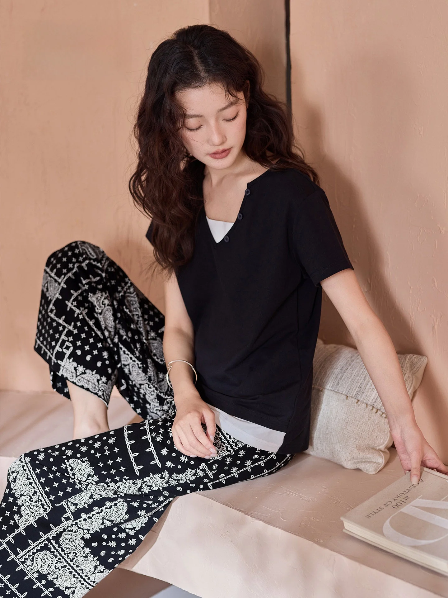 hua-xiao-color-belted-sleepwear-set-women's-summer-modal-cotton-short-sleeve-long-pants-black-outfit-home-clothes-slimming-kit