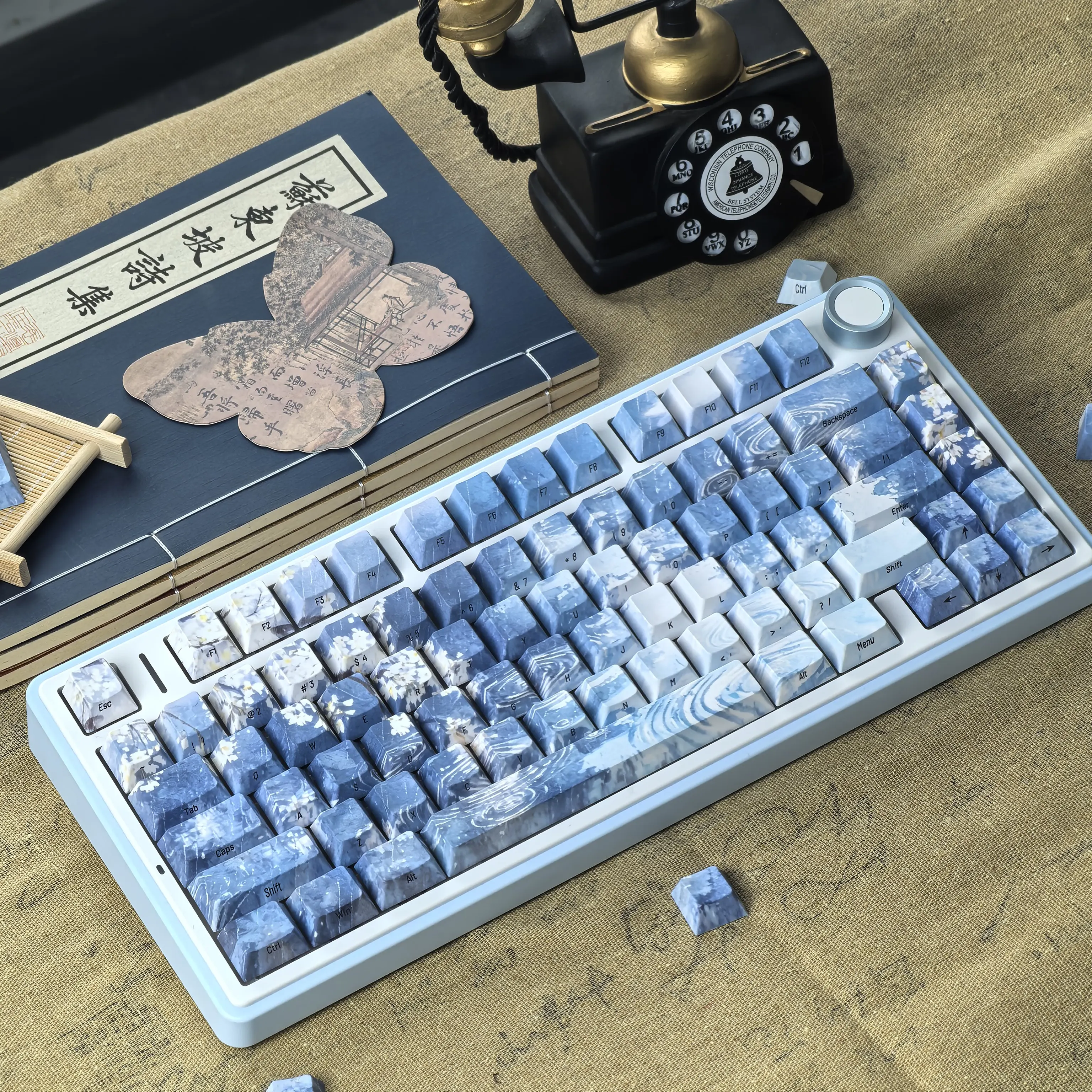 MAIMOOO Pear Blossom Rain Keycap Blue Gradient Water Ripple Side Carved Keyboard Keycap Cherry Pbt Thermal Sublimation Keycaps