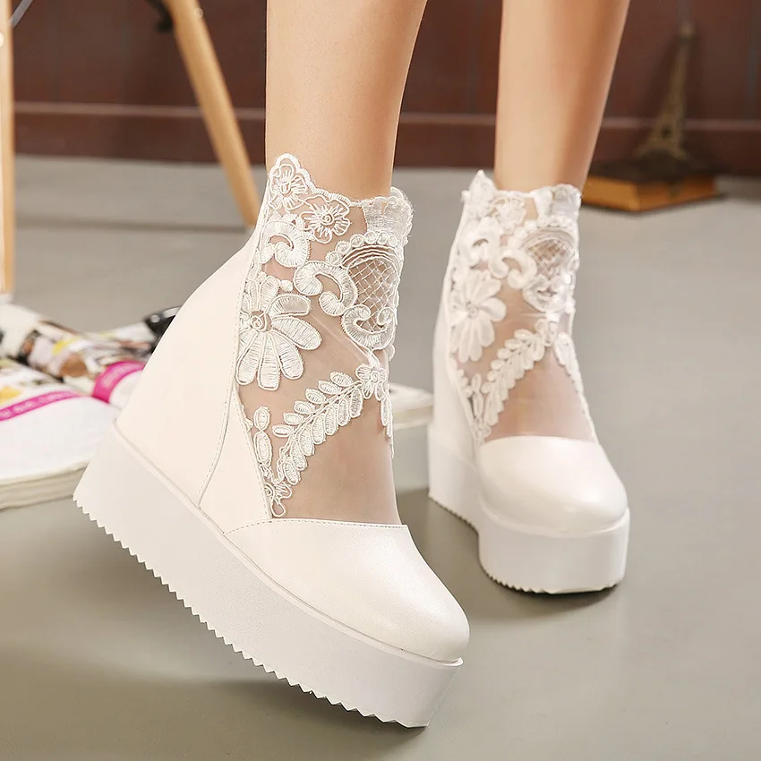 New Fashion Women Lace Shoes Wedge Heels Platform Pumps Sandals High Heel Shoes Women\'s Platform Lace 3 Colors 2023