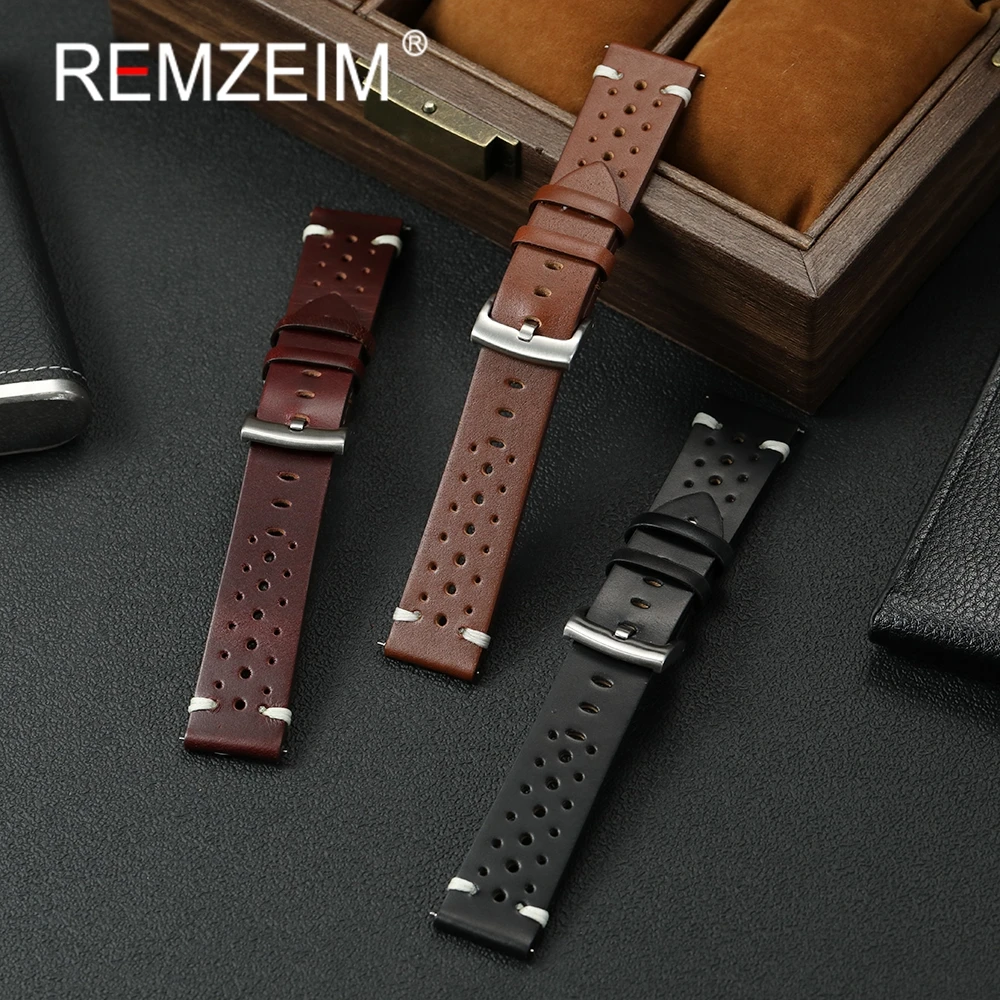 Высококачественный дышащий кожаный ремешок 20 мм 22 мм, масляный воск, ремешки для часов из воловьей кожи, быстросъемный деловой мужской ремешок для наручных часов