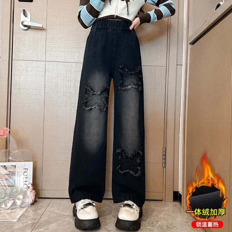 New Winter Kids Girl Thermal Jeans Pants with Butterfly Children Girls Black Grey Color Thick Warm Jeans Trousers For Teenagers