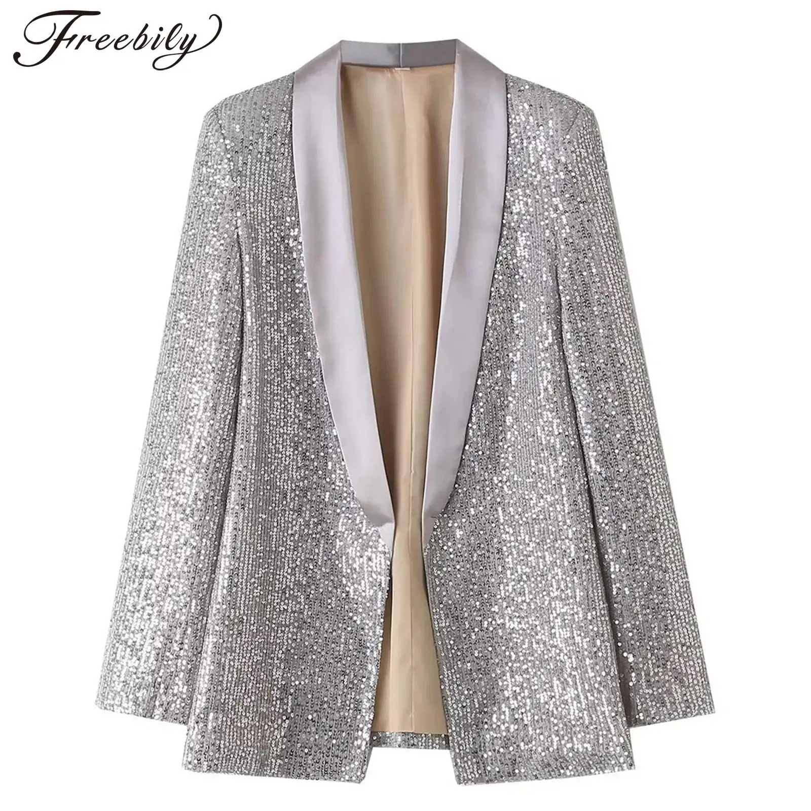 Frauen Blazer Mode Pailletten Langarm Anzüge Jacke Vorne Offen Glitzernden Blazer Oberbekleidung OL Dame Arbeit Pendeln Formale Mäntel