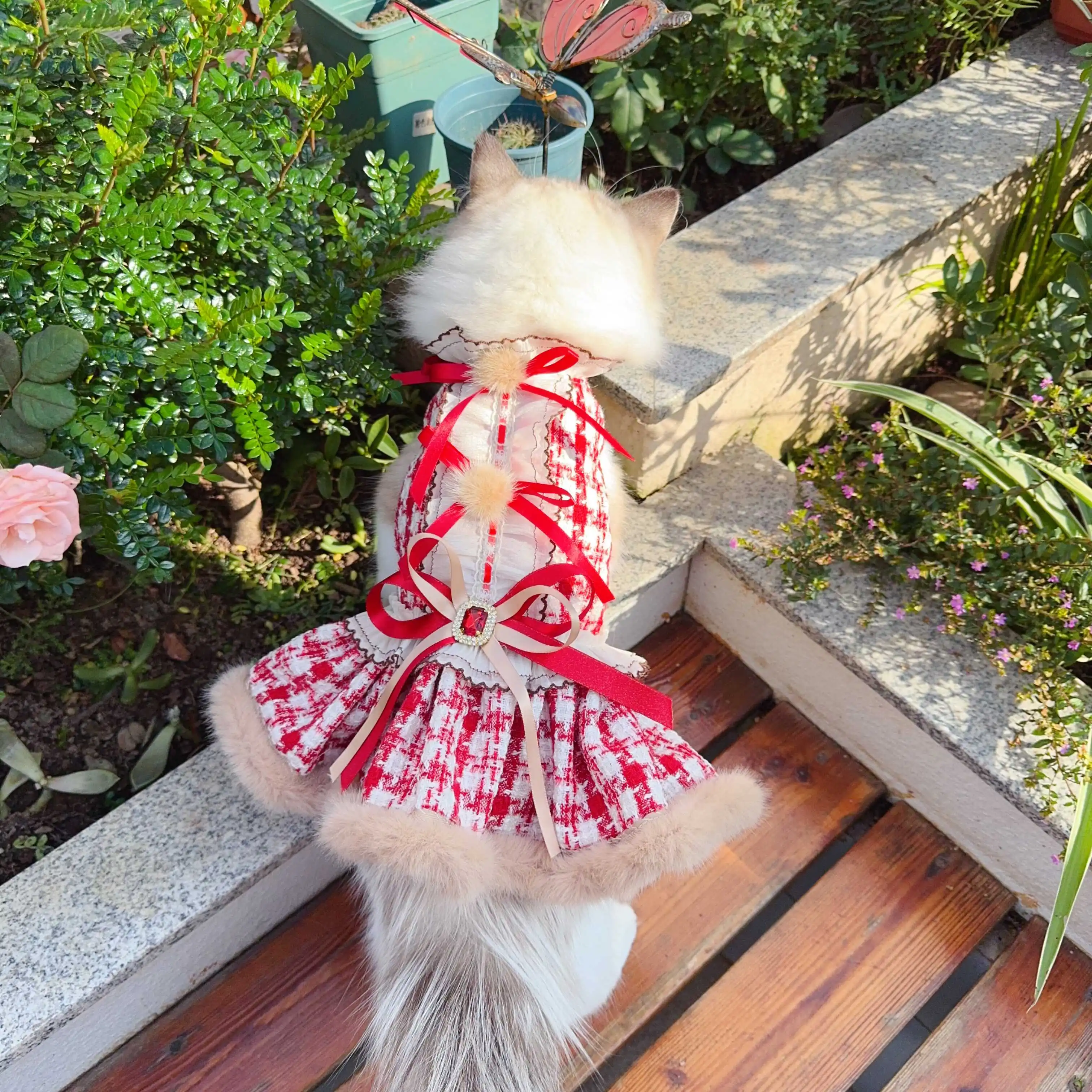 

Houndstooth Pet Dress with Fur Lining and Bow Decor,Costume for Dog and Cat, Original Design, Christmas Style, Autumn and Winter