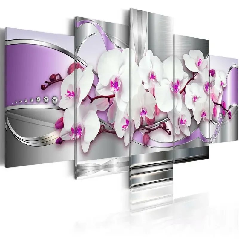 No Frame White Orchid Digital Flower 5 Pcs Canvas Picture Print Wall Art Canvas Painting Wall Decor for Living Room Poster