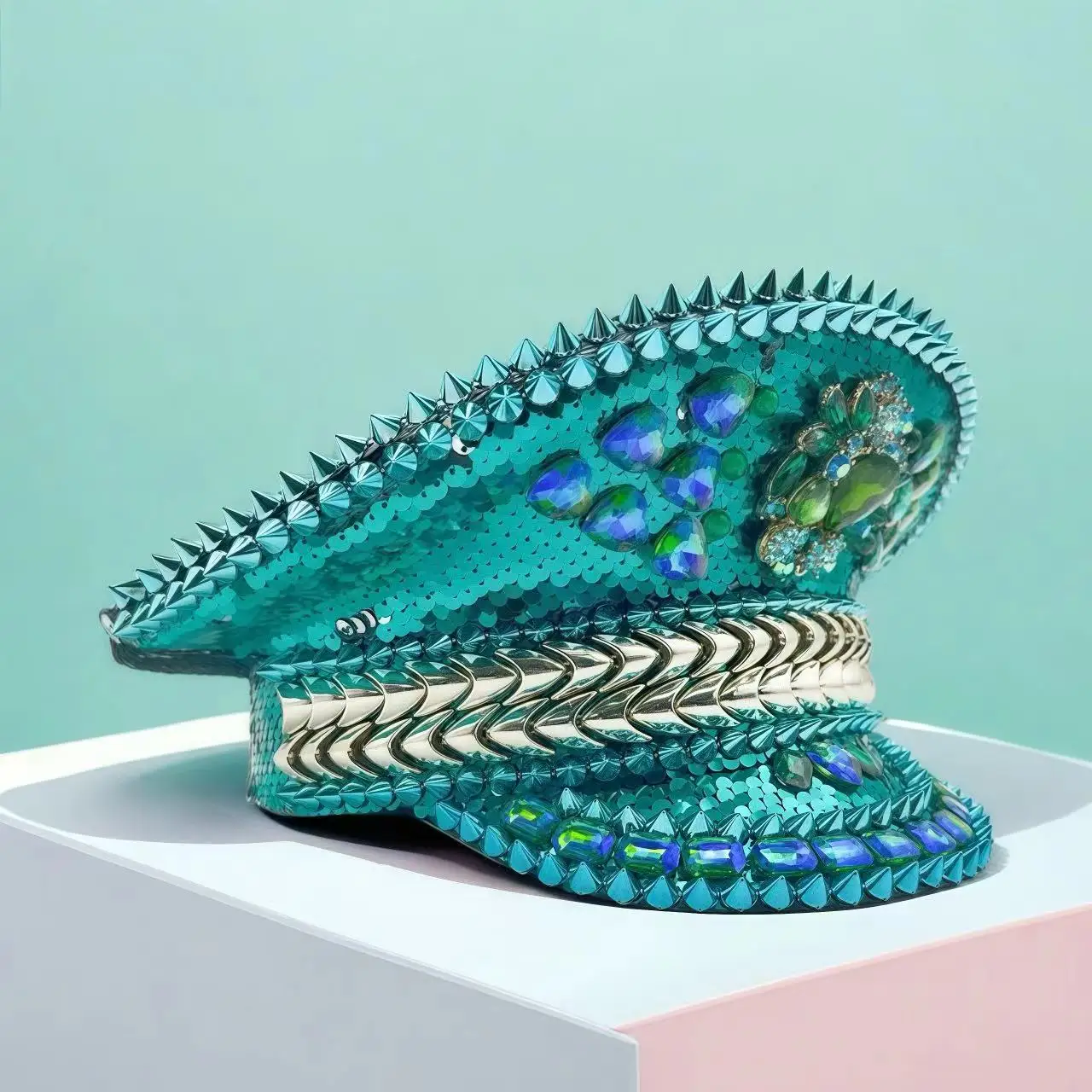 HongLuan Gelber Laser-Leder-Loop-Kapitänshut mit Strasssteinen und Militärkappen für Damen, Rave-Festivals-Accessoires und Partymütze für Herren