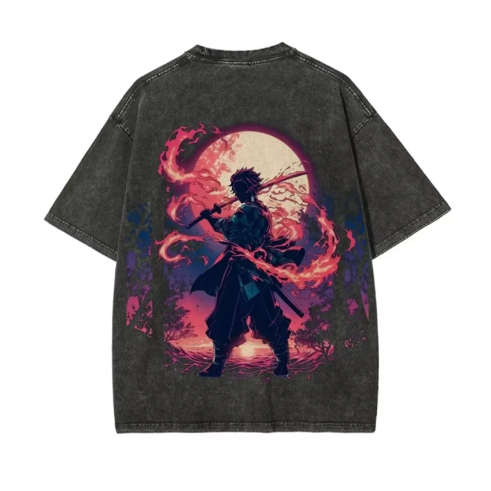 2026 Demon Slayer Anime Printed T-shirt Men's and Women's Washed T-shirt High Quality Vintage Cotton T-shirt Harajuku Y2K Tops