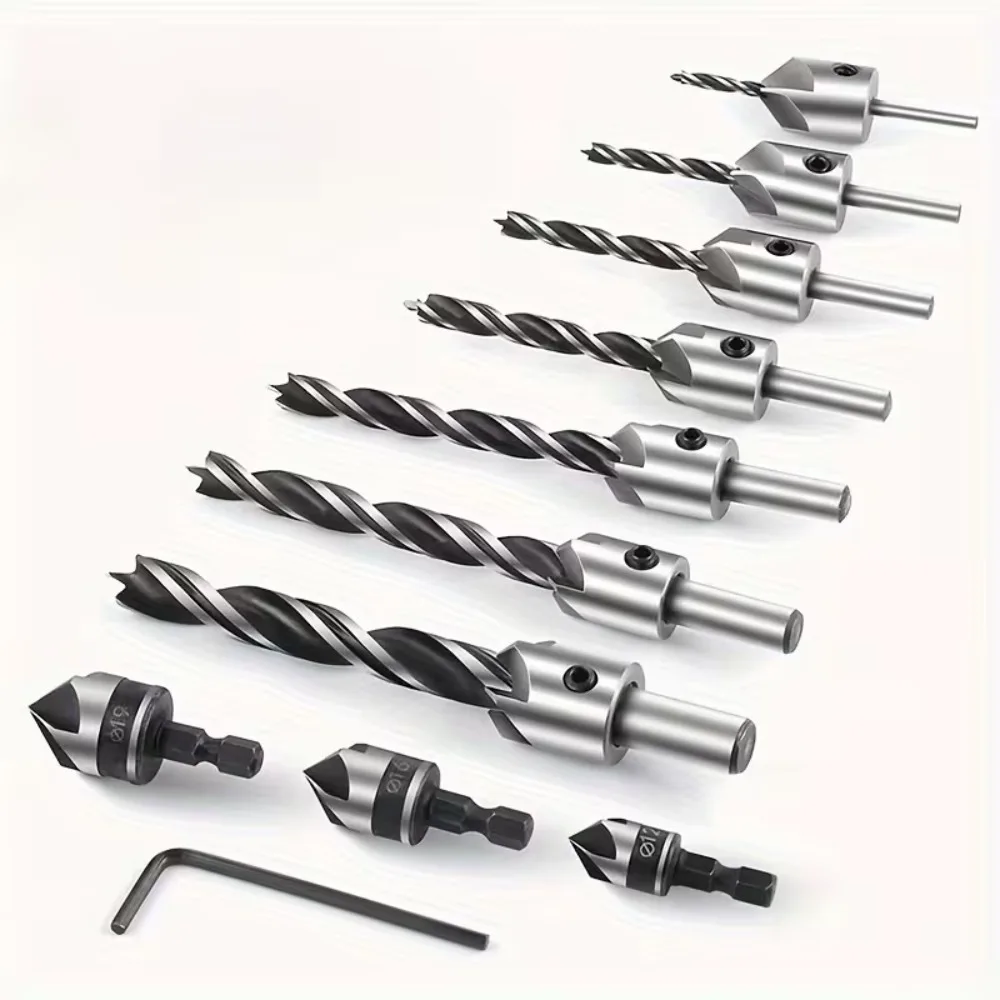 10-Pack Countersink Drill Bit Set With 1 Hex Key Wrench, 7pcs Countersink Drill Bits For Wood, 3pcs Hex Shank Wood Countersink B