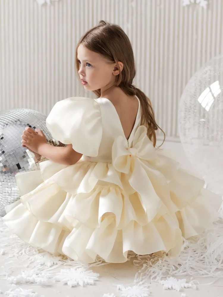 Vestido de dama de honra branco para meninas, manga curta, vestido florido, festa de casamento, concerto, dama de honra, saia elegante