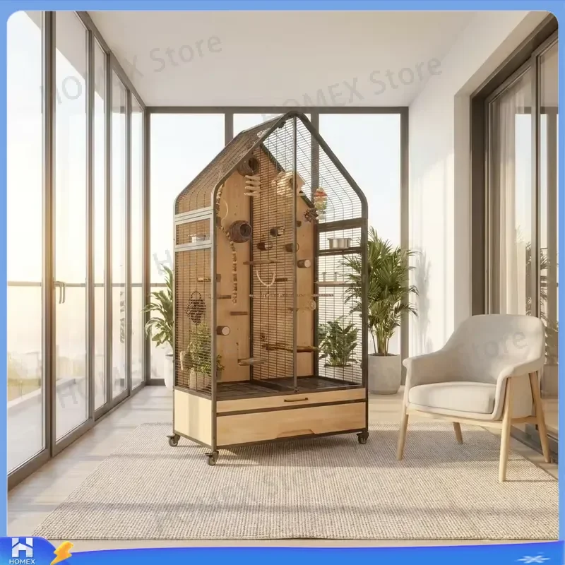 Large Wooden Bird Cage Indoor Parrot Aviary Flight House with Habitat Tray Wheels Non Toxic Pet Birdcage for Macaw Cockatoo