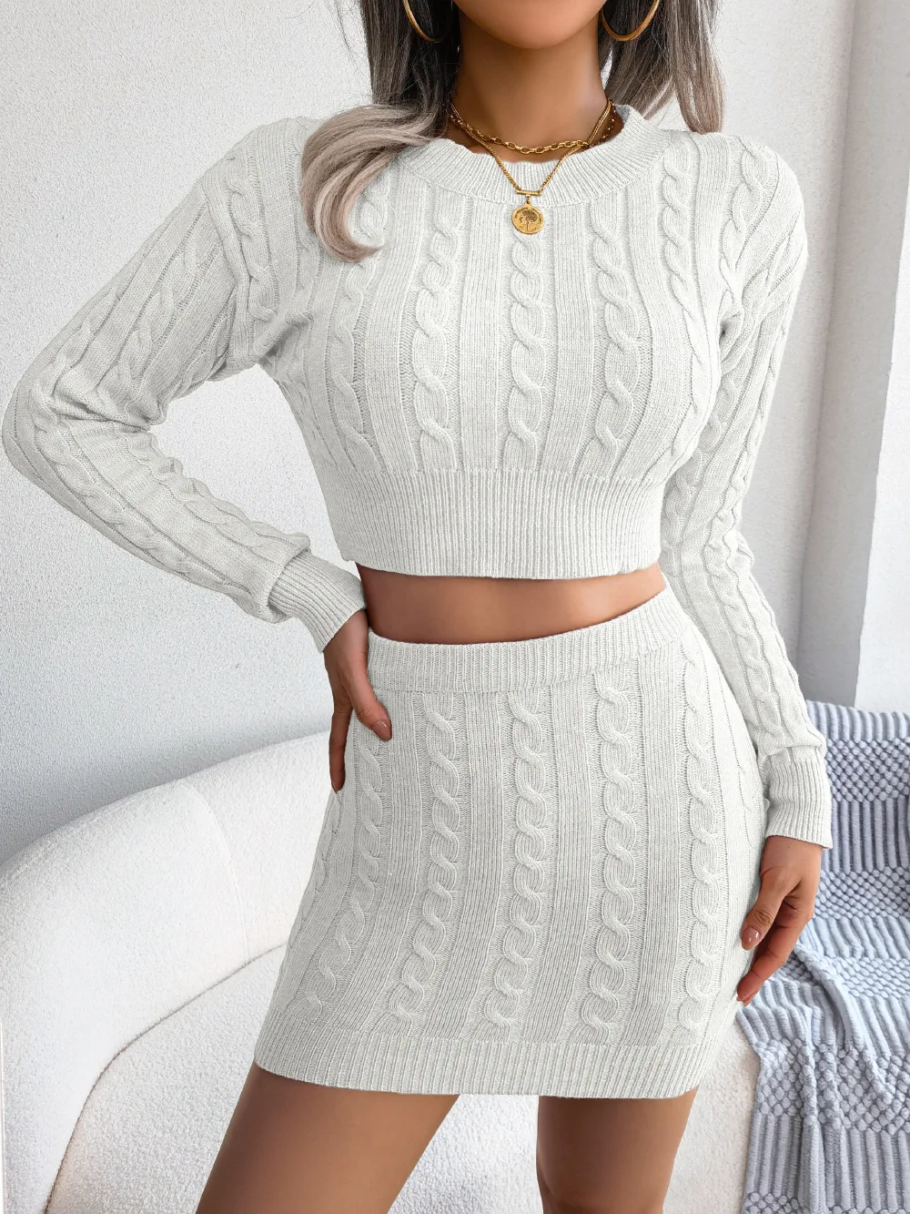 Solid Color Slim All Match Laides Two Piece Set Women Twist Crop Sweater Hip Skirt Knit Suits Autumn Winter