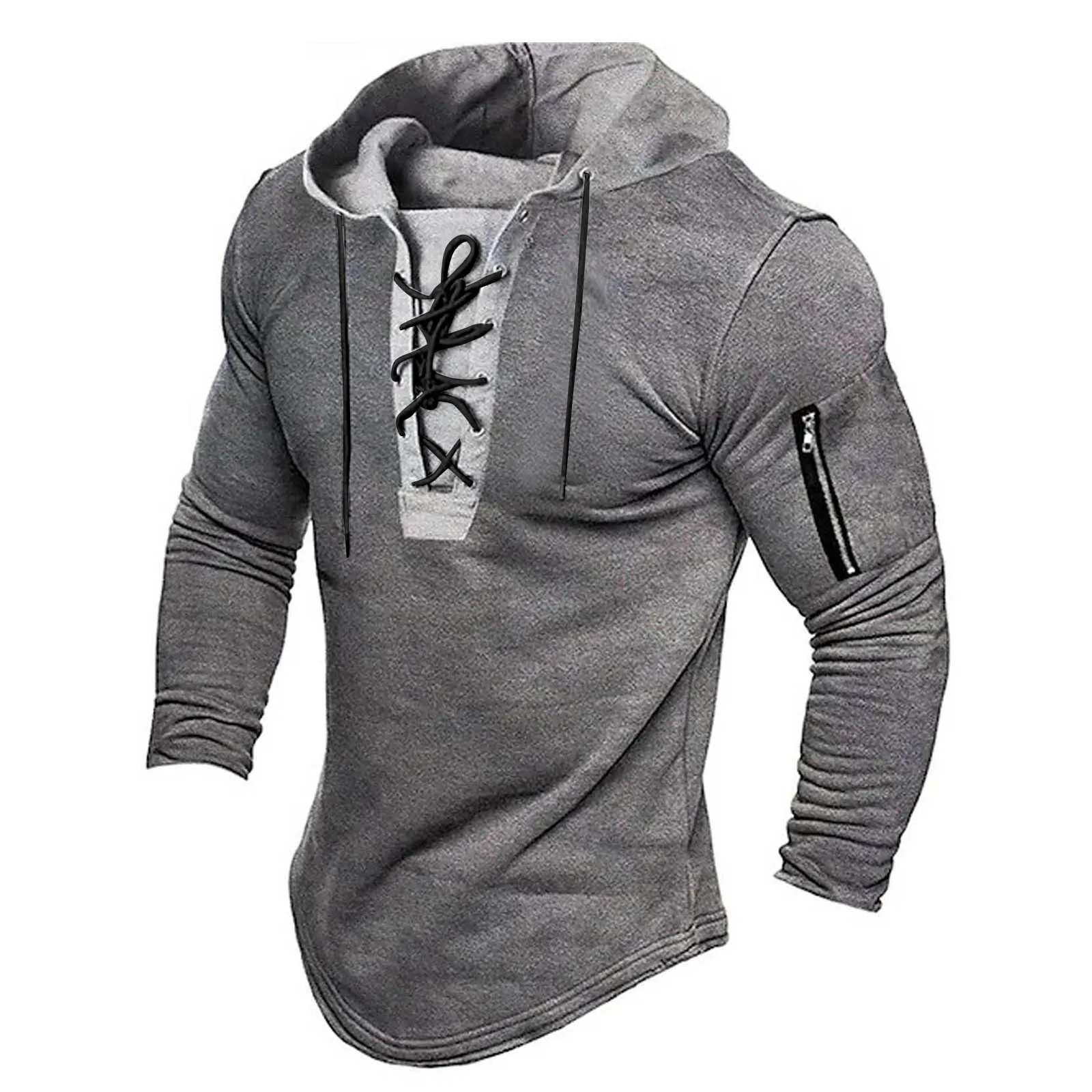 

New Autumn Men's Clothes Lacing Up Vintage Hooded Sweatshirts Solid Color Long Sleeve Pullover Hoodie Streetwear Men Tops