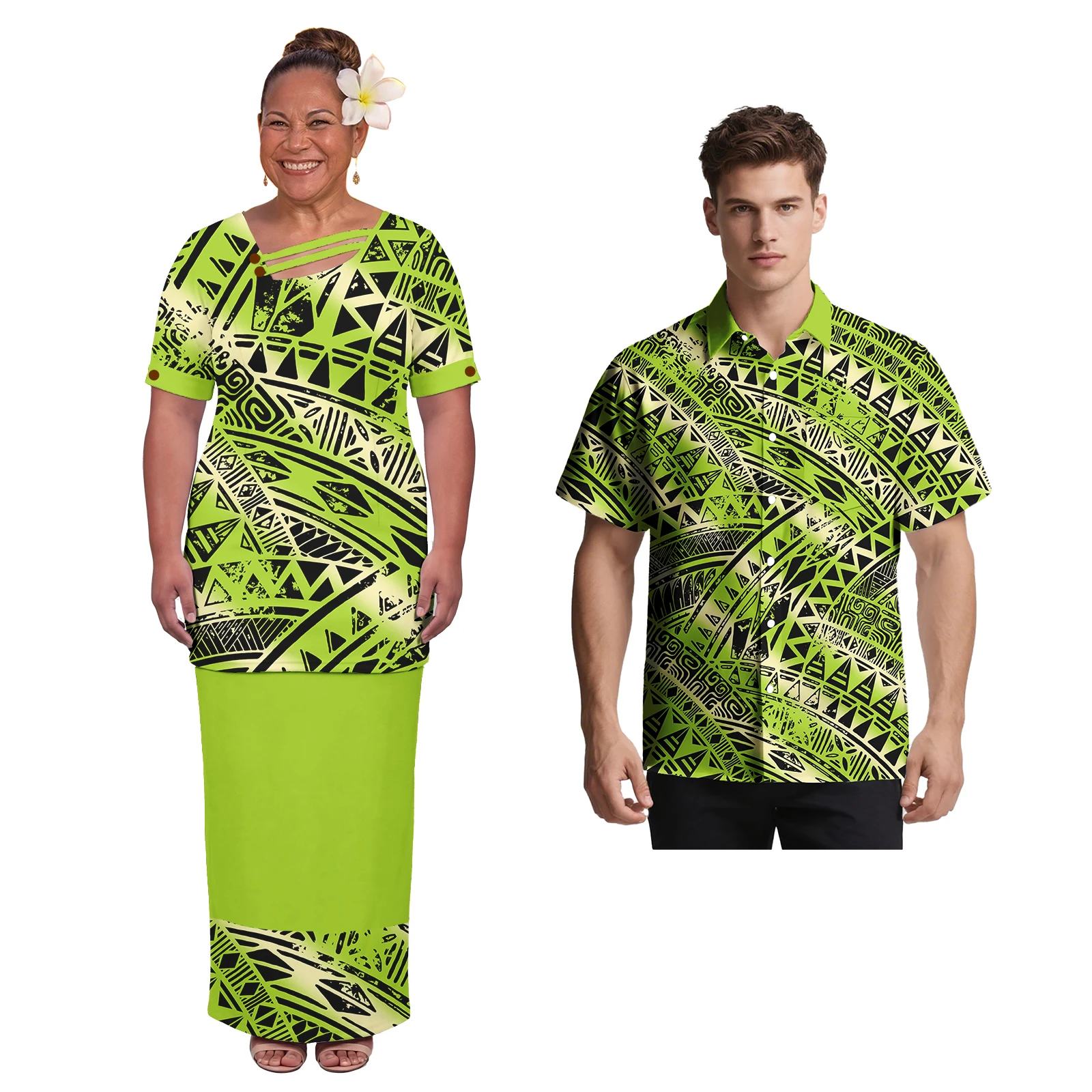 New Custom Pattern Puletasi Polynesian Pacific Island Buttoned Top Elegant Beach Party Dress For  Women Couple Outfits