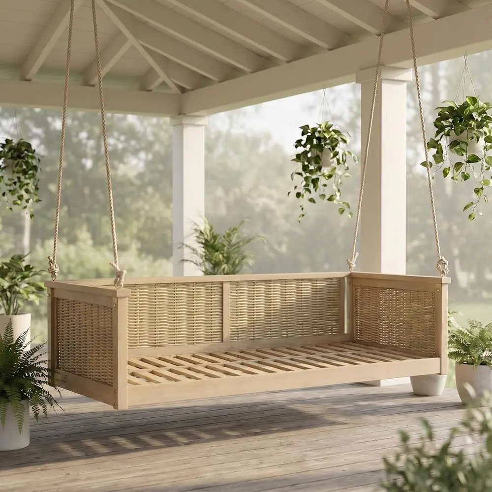 

Light Teak Outdoor Hanging Swing Bed with Rattan, Solid Acacia Wood, for Garden and Poolside Relaxation