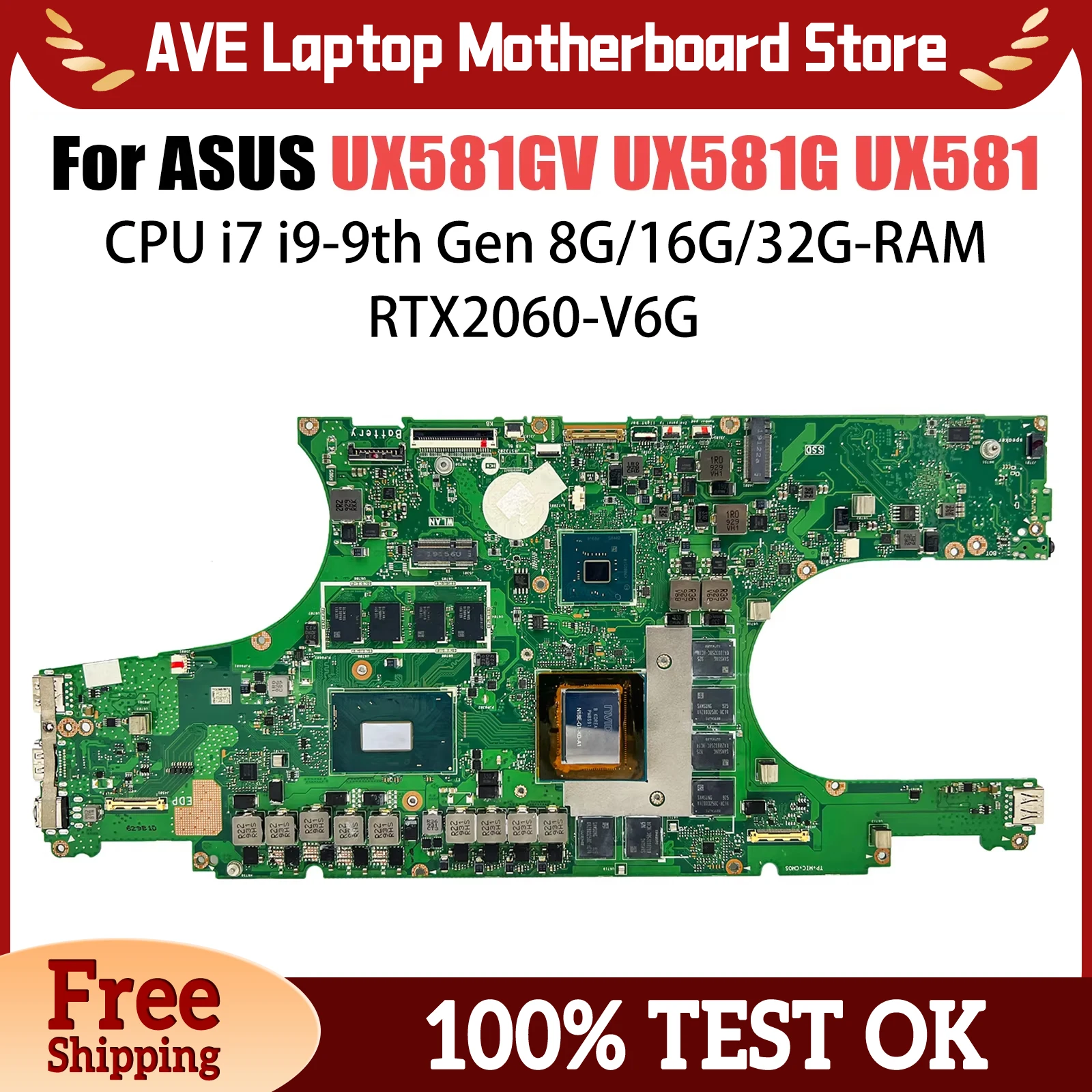 

UX581LV Notebook Mainboard For ASUS Zenbook Pro Duo UX581L Laptop Motherboard I7-10750H I9-10980HK CPU RTX2060 6G 16G 32G RAM