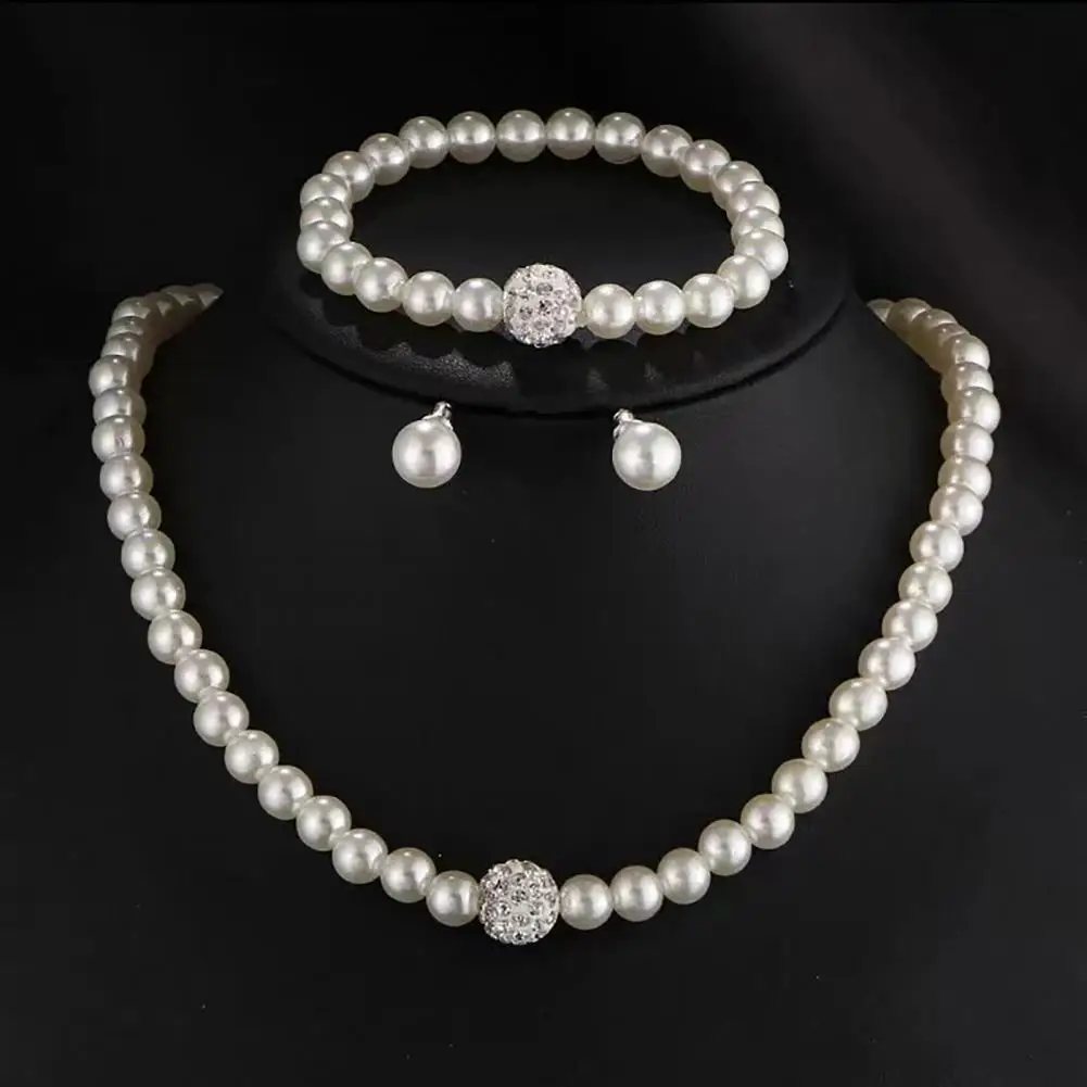 White Faux Pearl Jewelry Set Adjustable Length Imitation Pearl Necklace Bracelet Set Elegant Ear Studs Jewelry for Women Wedding