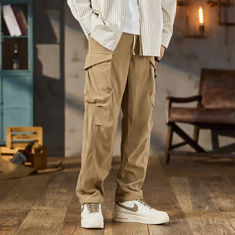 

2025 Autumn Men's Corduroy Cargo Pants Baggy Wide Leg Loose Fit Drawstring Elastic Waist Sweatpants Vintage Pockets Work Pants